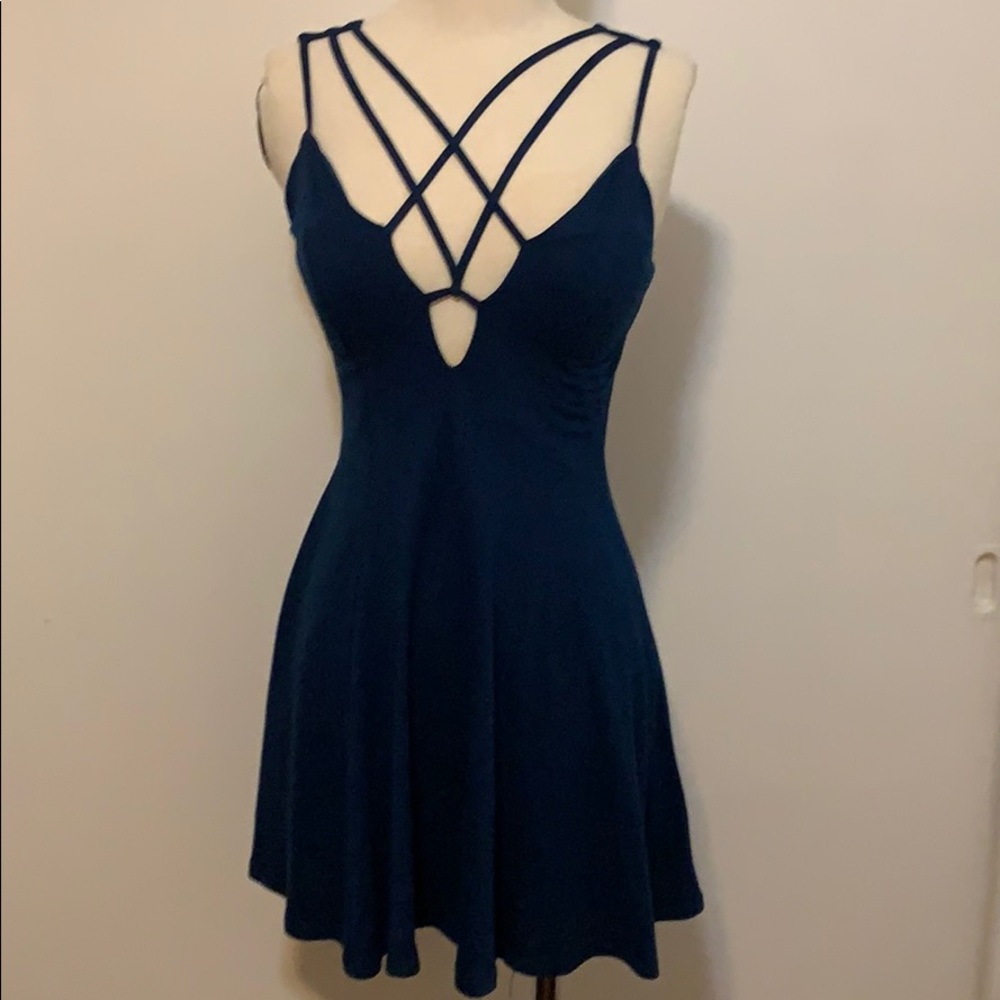 Blue Sexy Plunge Strappy Front Mini Dress Small